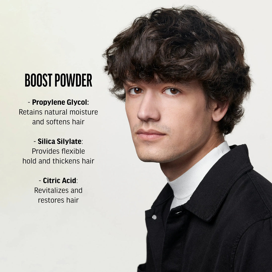 Boost Powder- Propylene Glycol- retains natural moisture and softens hair. Silica Silylate-provides flexible hold and thickens hair. Citric Acid- revitalizes and restores hair