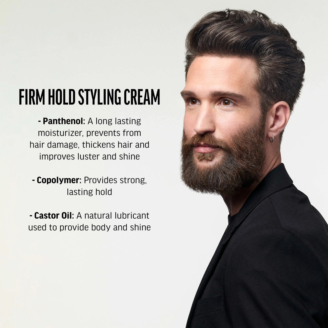 Firm hold styling cream key ingredients. Panthenol- a long lasting moisturizer, prevents from hair damage, thickens hair and improves luster and shine. Copolymer-provides strong lasting hold. Caster oil- a natural lubricant used to provide body and shine
