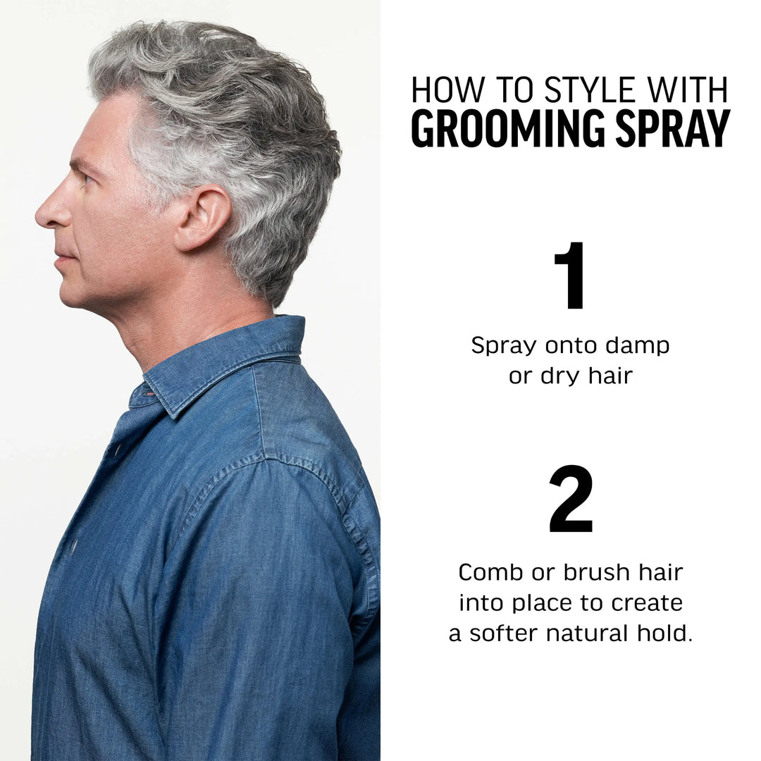 How to style with grooming spray. 1-Spray onto damp or dry hair. 2-Comb or brush hair into place to create a softer natural hold