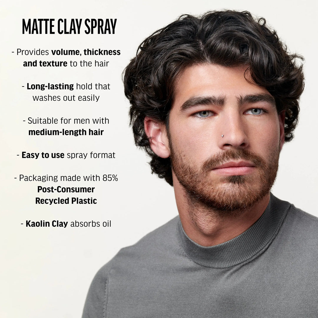 Matte Clay Spray benefits. Provides volume, thickness and texture to the hair. Long-lasting hold that washes out easily. Suitable for men with medium-length hair. Easy to use spray format. Packaging made with 85% post-consumer and recycled plastic. Kaolin clay absorbs oil