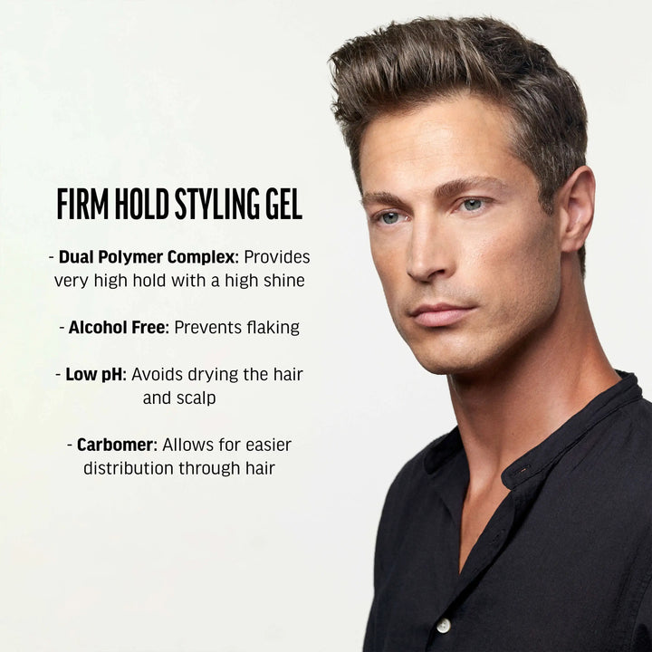 Firm hold styling gel key ingredients. Dual Polymer complex- provides very high hold with a high shine. Alcohol free- prevents flaking. Low pH-avoids drying the hair and scalp. Carbomer-allows for easier distribution through hair