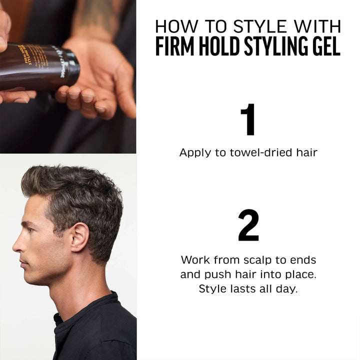How to style with firm hold styling gel. 1-Apply to towel-dried hair. 2- Work from scalp to ends and push hair into place. Style lasts all day