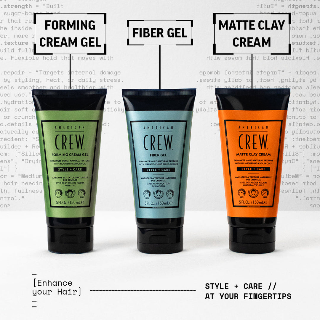 Three styling gels of American Crew hair styling products on a white background with text overlay.
