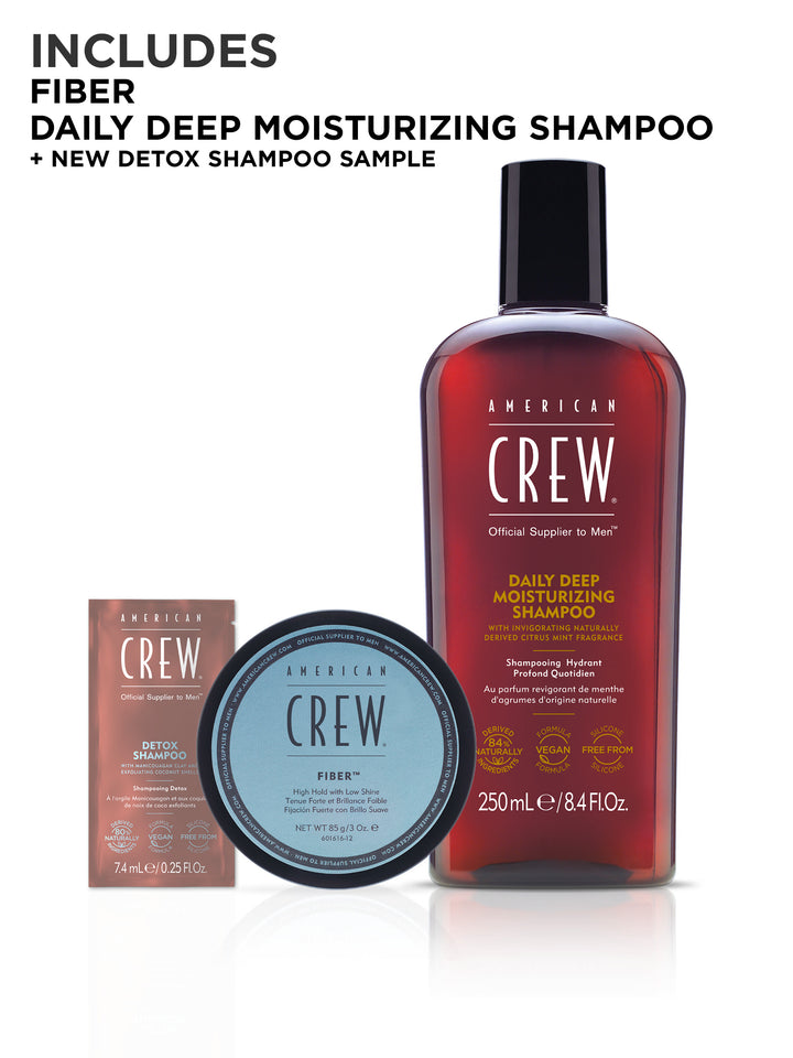 Includes fiber and daily deep moisturizing shampoo and detox shampoo sample