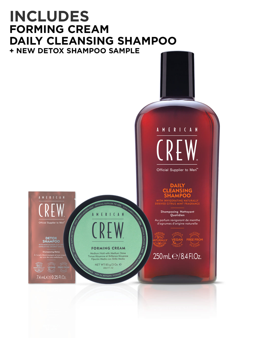 includes forming cream, daily cleansing shampoo and detox shampoo sample