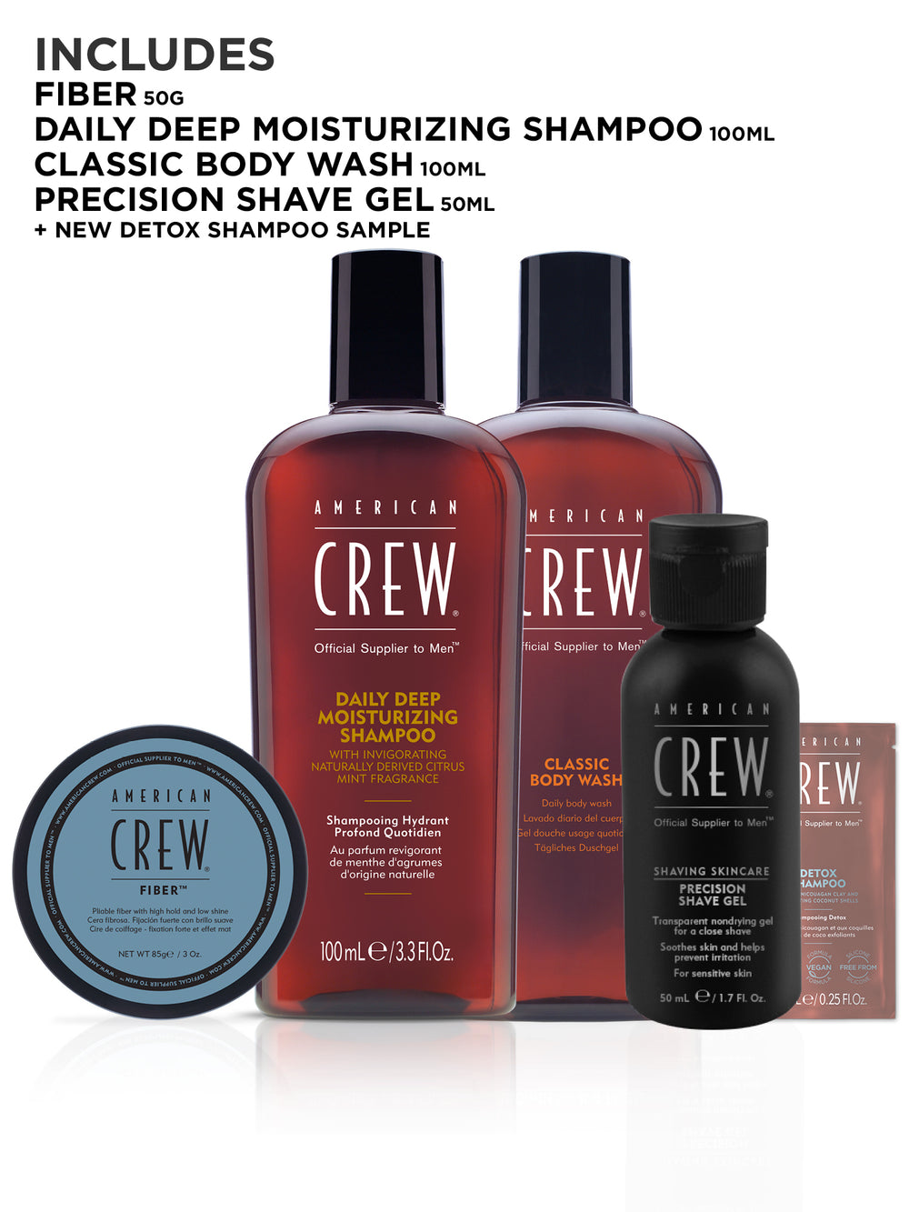 Includes fiber, daily deep moisturizing shampoo, classic body wash, precision shave gel and detox shampoo sample