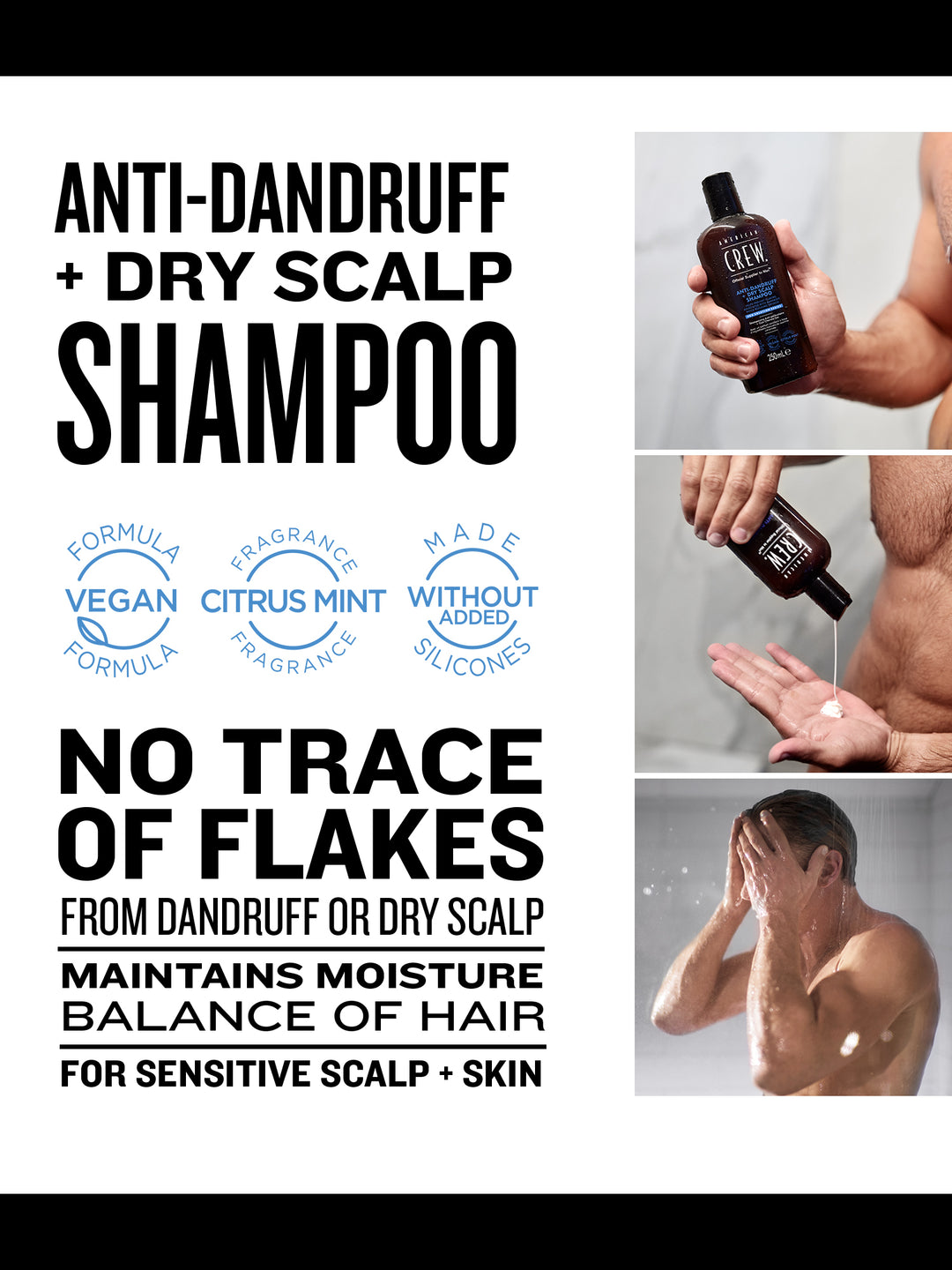 Anti-dandruff + Dry Scalp Shampoo- vegan, citrus mint, no added silicones, no trace of flakes from dandruff or dry scalp, maintains moisture, balance of hair, for sensitive scalp + skin