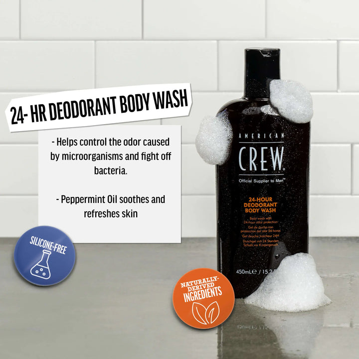 American Crew 24 Hour Deodorant Body Wash on a tiled background. Text callout says "Helps control the odor caused by microorganisms and fight off bacteria. Peppermint oil soothes and refreshes skin.". 