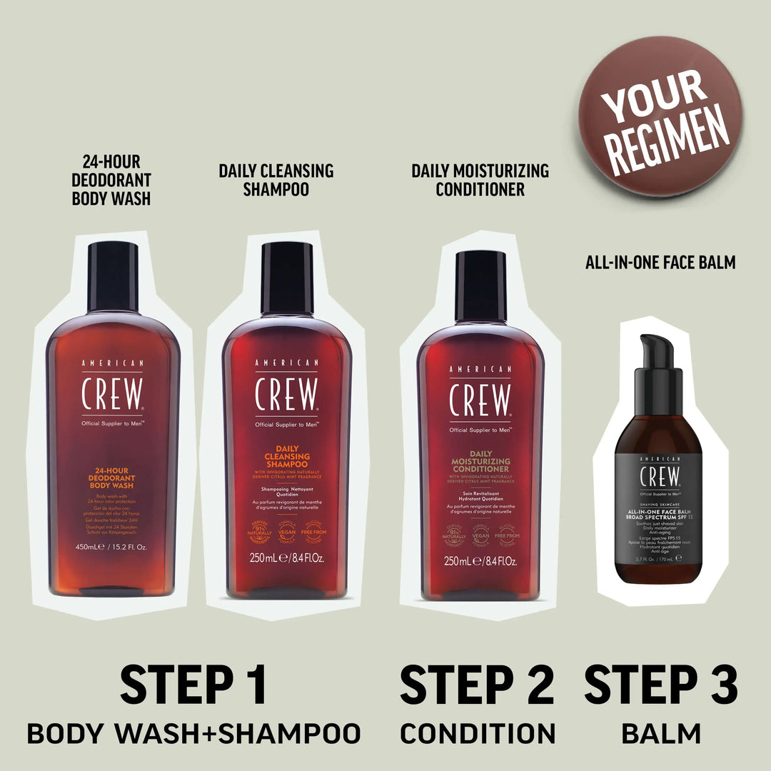 Cross-sell image of American Crew 24 Hour Deodorant Body Wash, American Crew Daily Cleansing Shampoo, American Crew Daily Moisturizing Conditioner, and American Crew All-in-One Face Balm SPF15. The first step in the regimen is to wash the body and shampoo the hair, followed by conditioning the hair, and finished by applying the face balm.
