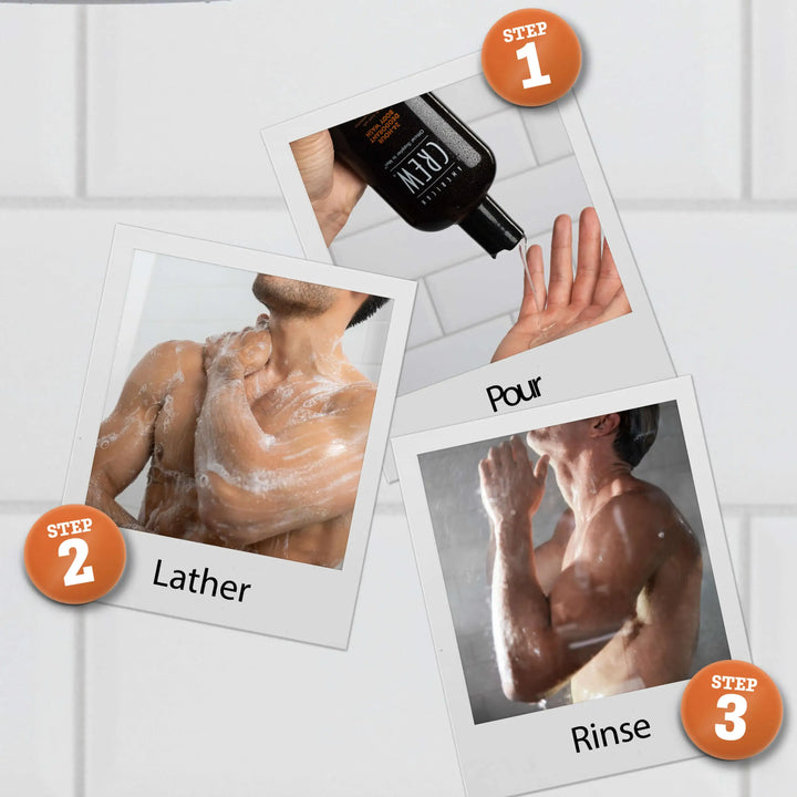 Step-by-step guide to using Daily 24 Hour Deodorant Body Wash with images of a person washing their hair. The three steps are Pour, Lather, and Rinse.