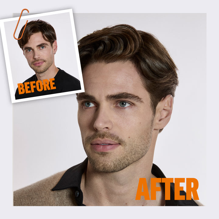 Before and after comparison of Charly Poirier's hairstyle after using America Crew Oil Control Shampoo with 'Before' and 'After' labels.
