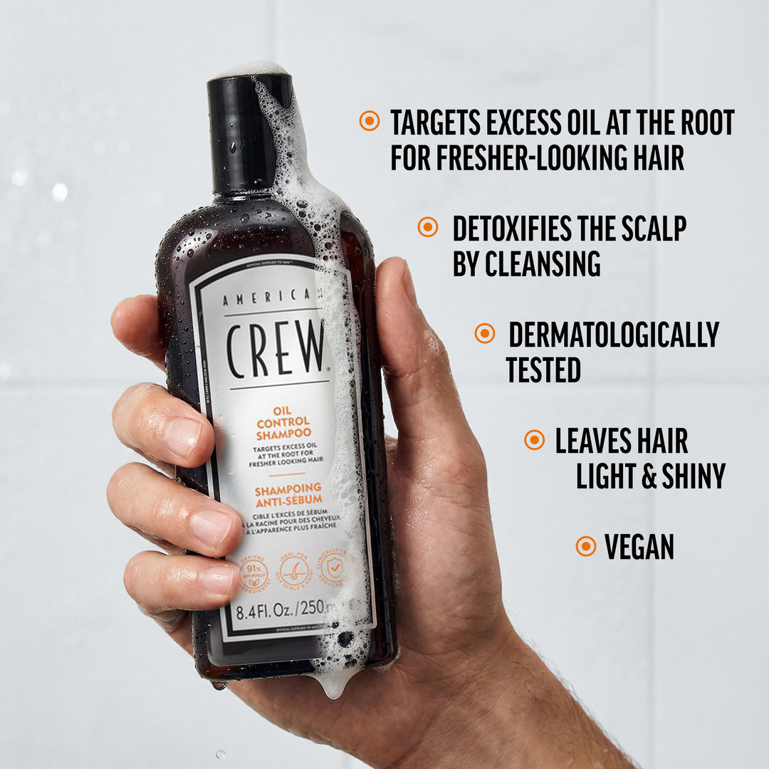 America Crew Oil Control Shampoo with product benefits and features listed on a light gray background.
