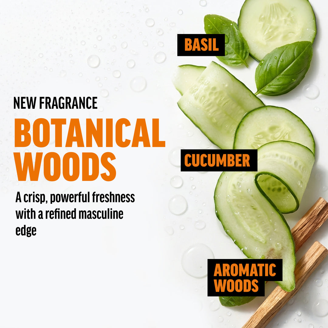 Image of sliced cucumbers, basil leaves, and aromatic woods on a white background indicating the new Botanical Woods fragrance of American Crew Oil Control Shampoo.