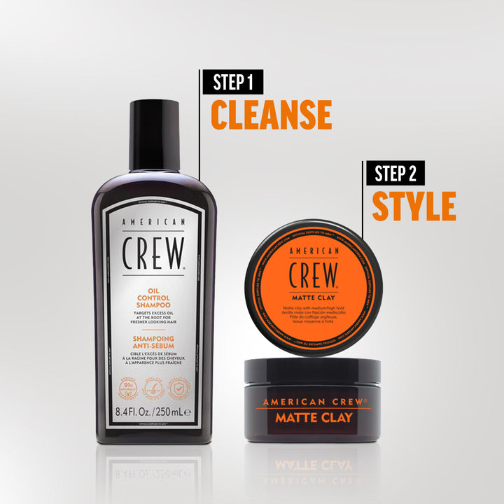 Two-step regimen of American Crew  Oil Control Shampoo and Matte Clay hair products with 'Step 1 Cleanse' and 'Step 2 Style' text on a white background.