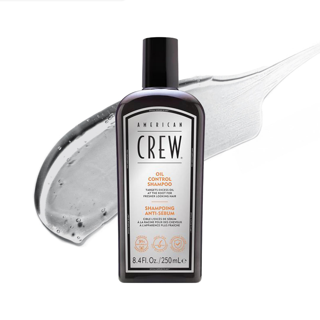American Crew Oil Control Shampoo bottle and clear gel with a white background