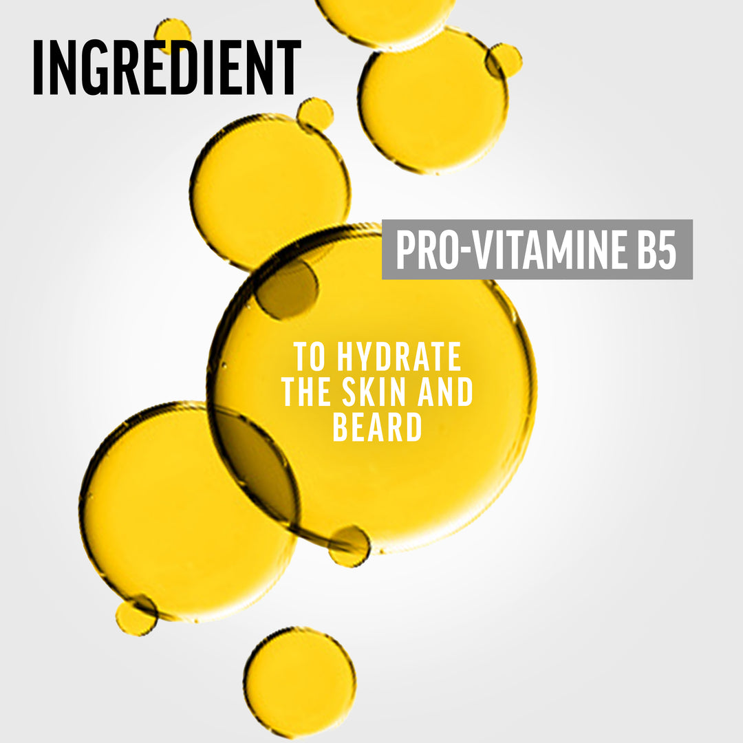 Key ingredients for American Crew 2-IN-1 Skin Moisturizer & Beard Conditioner including droplets of Pro-Vitamin B5 on a light background. Text reads "To hydrate the skin and beard".