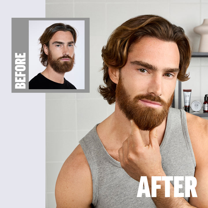 Before and after comparison of model Pablo Sobrino with beard and hair transformation, set against a bathroom background.