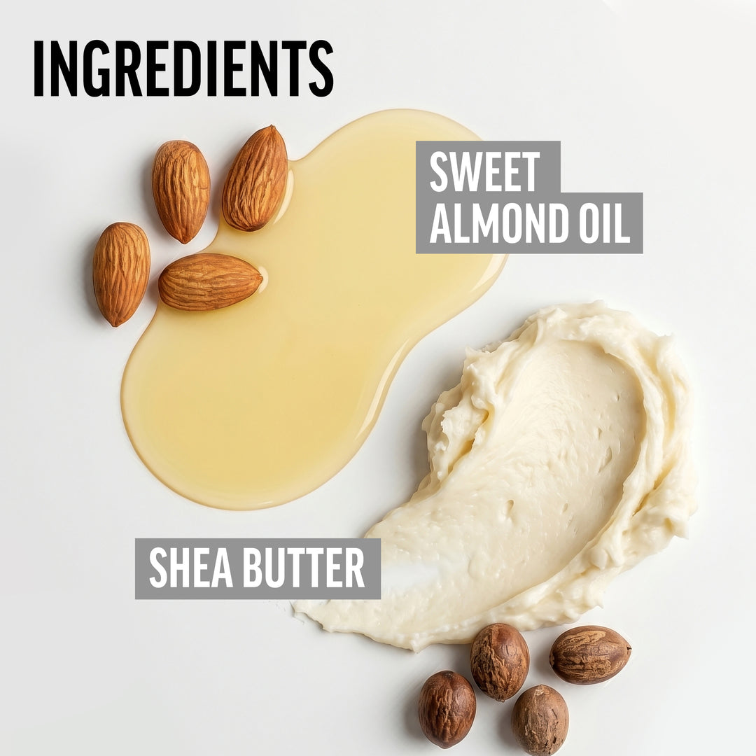 Key ingredients for American Crew Beard Balm including sweet almond oil, shea butter, and almonds on a light background.