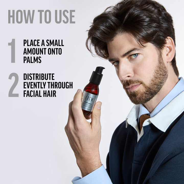 Model Ferrari Calderon holding American Crew Beard Serum with usage instructions text on a white background. Text says the following:

1. Place a small amount onto palms and rub. 
2. Distribute evenly through facial hair.