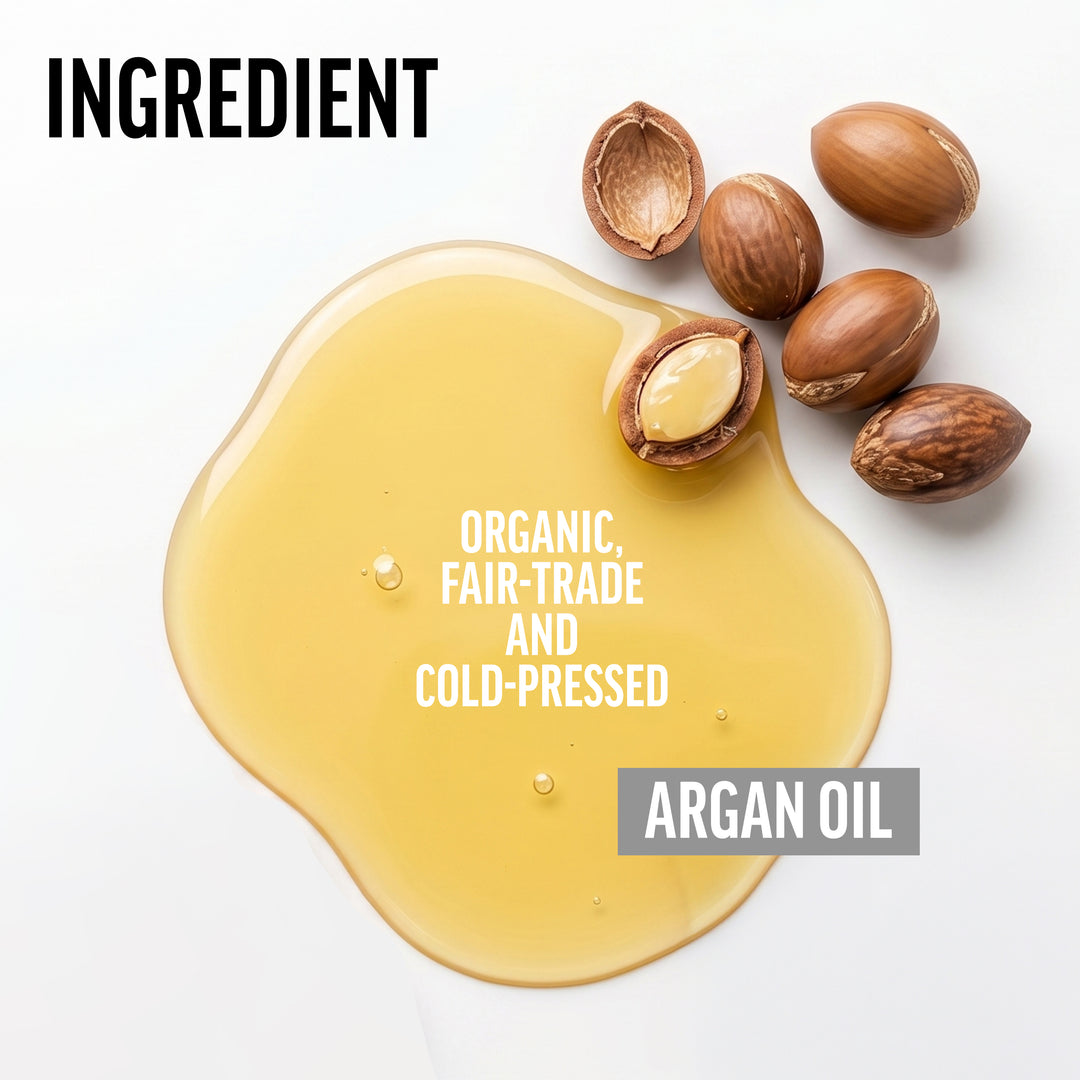 Key ingredients for American Crew Beard Serum, including Argan Oil with argan nuts on a white background, labeled as organic, fair-trade, and cold-pressed.