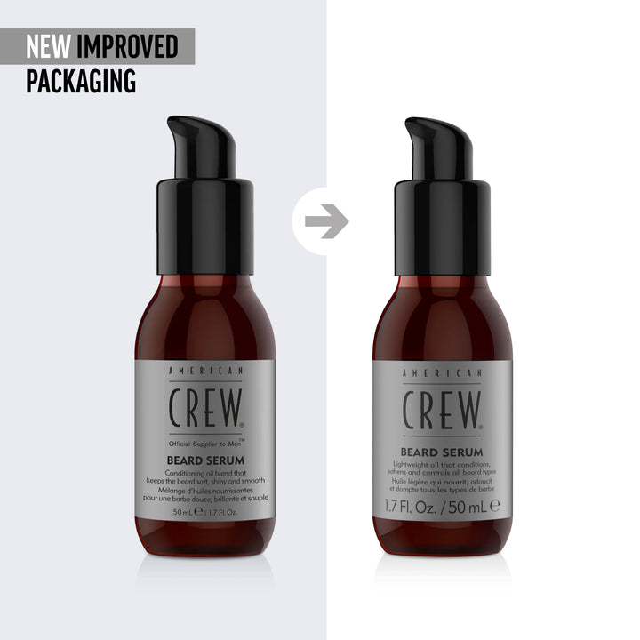 American Crew Beard Serumr with new improved packaging on a white background next to older packaging on a bluish-white background. 