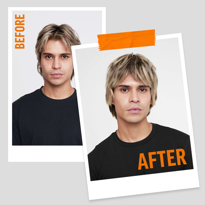 Before and after comparison of Junior Manuel Ferreria Caldera with styled hair  after using American Crew Alternator Finishing Spray on a gray background
