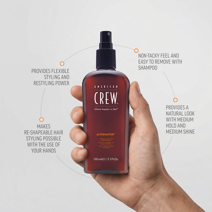 Male hand holding Alternator Finishing Spray by American Crew. Benefits listed on graphic state "Provides flexible styling and restyling power", "Non-tacky feel and easy to remove with shampoo", "Makes re-shapeable hair styling possible with the use of your hands", and "Provides a natural look with medium hold and shine". 