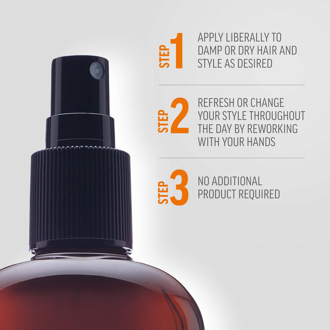 Macro-view of Alternator Finishing Spray with three steps for styling. Step 1: Apply liberally to damp or dry hair and style as desired. Step 2: Refresh or change your style throughout the day by reworking with your hands. Step 3: No additional product required.