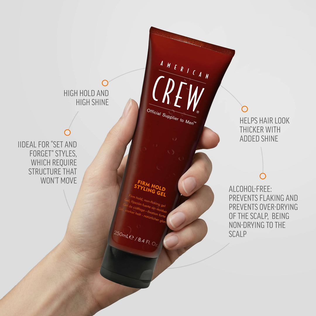 Male hand holding Firm Hold Styling Gel by American Crew. Benefits listed on graphic state "Ideal for 'set and forget' styles, which require structure that won't have", "High hold and high shine", "Helps hair look thicker and added shine", and "Alcohol-Free: Prevents flaking and prevents over-drying of the scalp, being non-drying to the scalp".