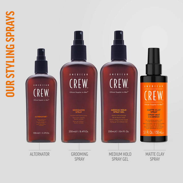 American Crew Hair Styling Sprays product range on a light gray background. From left to right, the first is Alternator, followed by Grooming Spray, then Medium Hold Spray Gel, and lastly Matte Clay Spray. Text on the graphic reads "Our Styling Sprays". 