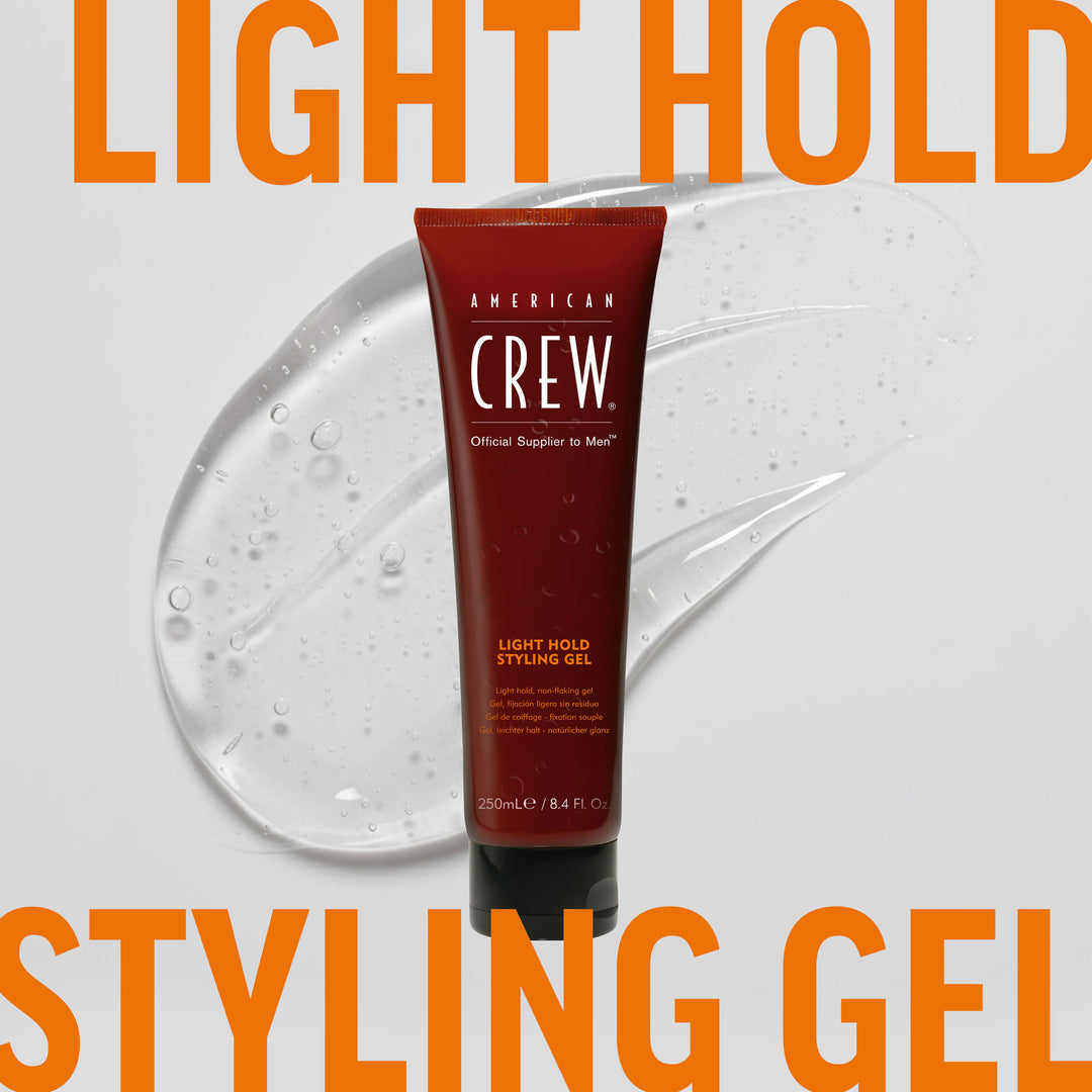 American Crew Light Hold Styling Gel with clear gel bulk in background. Text on graphic states "Light Hold Styling Gel". 