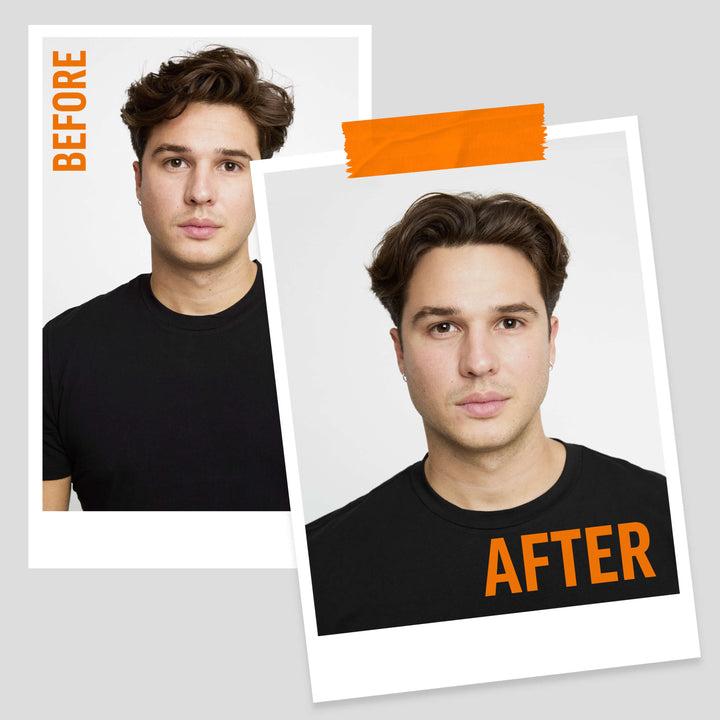 Before and after comparison of Dragan Mikulic Moragues with styled hair after using American Crew Light Hold Styling Gel on a gray background