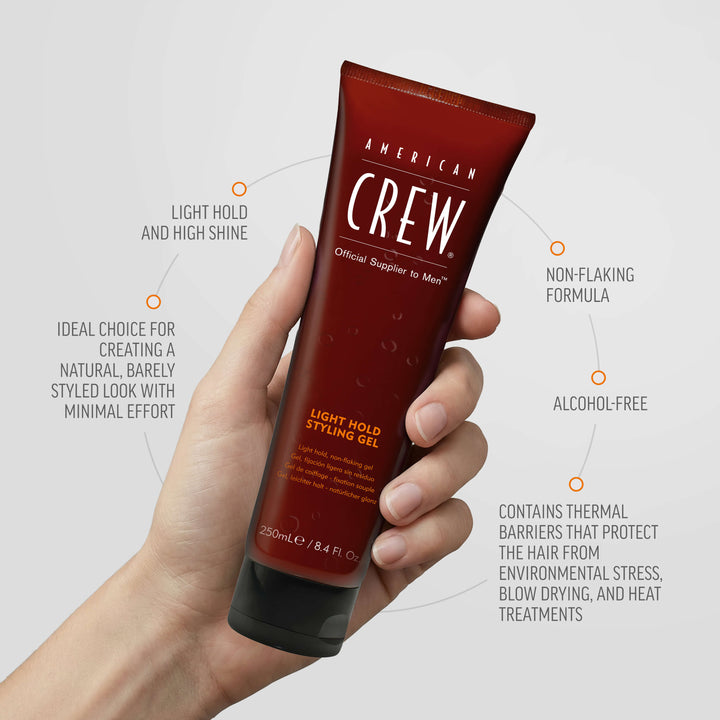Male hand holding Light Hold Styling Gel by American Crew. Benefits listed on graphic state "Ideal choice for creating a natural, barely styled look with minimal effort", "Light Hold and High Shine", "Non-Flaking Formula", "Alcohol-Free", and "Contains thermal barriers that protect the hair from environmental stress, blow drying, and heat treatments". 
