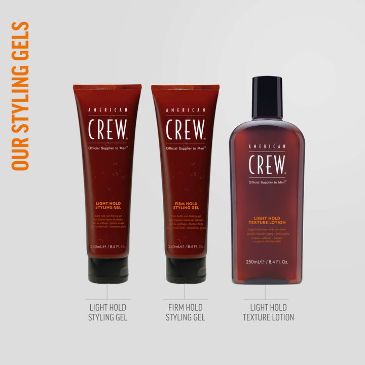 American Crew Styling Gel product range on a light gray background. From left to right, the first is Light Hold Styling Gel, followed by Firm Hold Styling Gel, then Light Hold Texture Lotion. Text on the graphic reads "Our Styling Gels". 