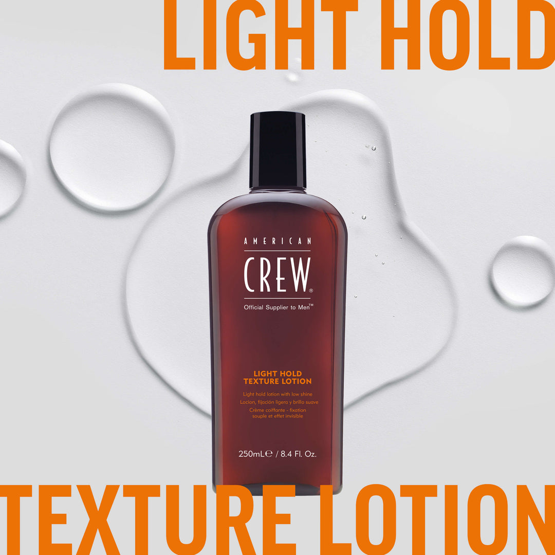 American Crew Light Hold Texture Lotion with clear gel bulk in background. Text on graphic states "Light Hold Texture Lotion". 