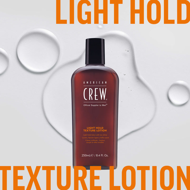 American Crew Light Hold Texture Lotion with clear gel bulk in background. Text on graphic states "Light Hold Texture Lotion". 