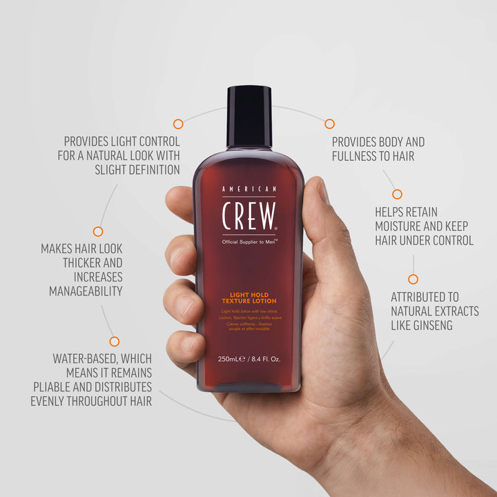Male hand holding Light Hold Texture Lotion by American Crew. Benefits listed on graphic state "Water-based, which means it remains pliable and distributes evenly throughout hair", "Makes hair look thicker and increases manageability", "Provides light control for a natural look with slight definition", "Provides body and fullness to hair", "Helps retain moisture and keep hair under control", and "Attributed to natural extracts like ginseng". 