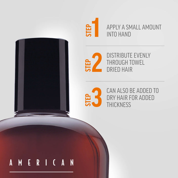 Macro-view of Light Hold Styling Gel with three steps for styling. Step 1: Apply a small amount into hand. Step 2: Distributed evenly through towel dried hair. Step 3: Can also be added to dry hair for added thickness. 
