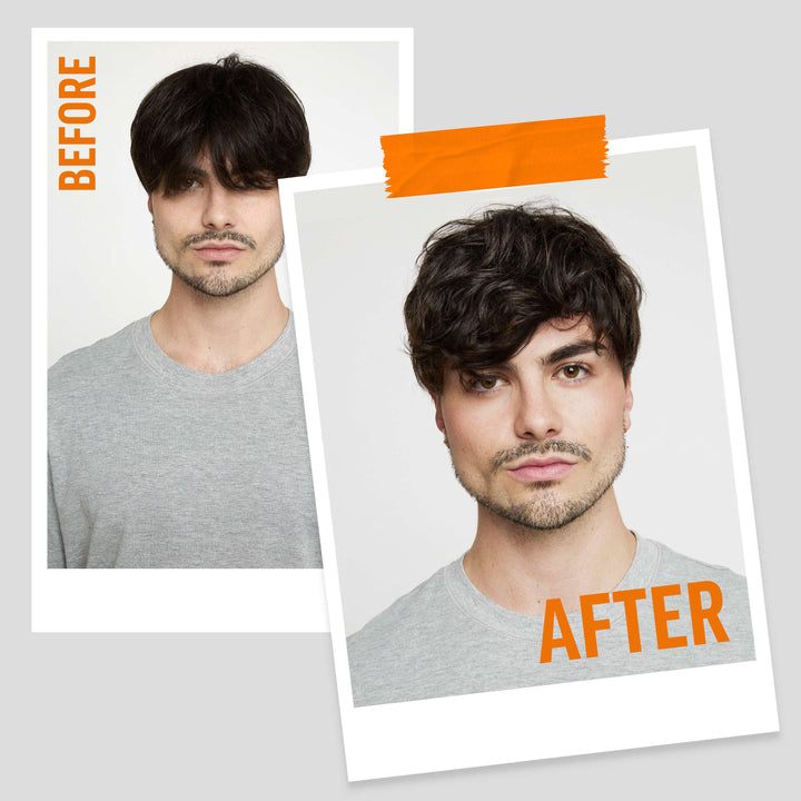 Before and after comparison of Alvaro Lopez Sainz Garcia with styled hair after using American Crew Matte Clay Spray on a gray background