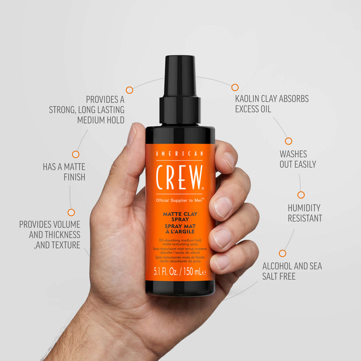 Male hand holding Matte Clay Spray by American Crew. Benefits listed on graphic state "Provides volume and thickness and texture", "Has a matte finish", "Provides a strong, long lasting medium hold", "Kaolin Clay absorbs excess oil", "Washes out easily", "Humidity resistant", and "Alcohol and sea salt free". 