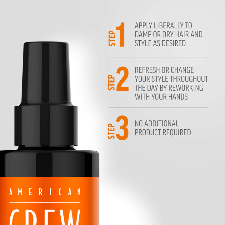 Macro-view of Matte Clay Spray with three steps for styling. Step 1: Apply liberally to damp or dry hair and styled as desired. Step 2: Refresh or change your style throughout the day by reworking with your hands. Step 3: No additional product required. 