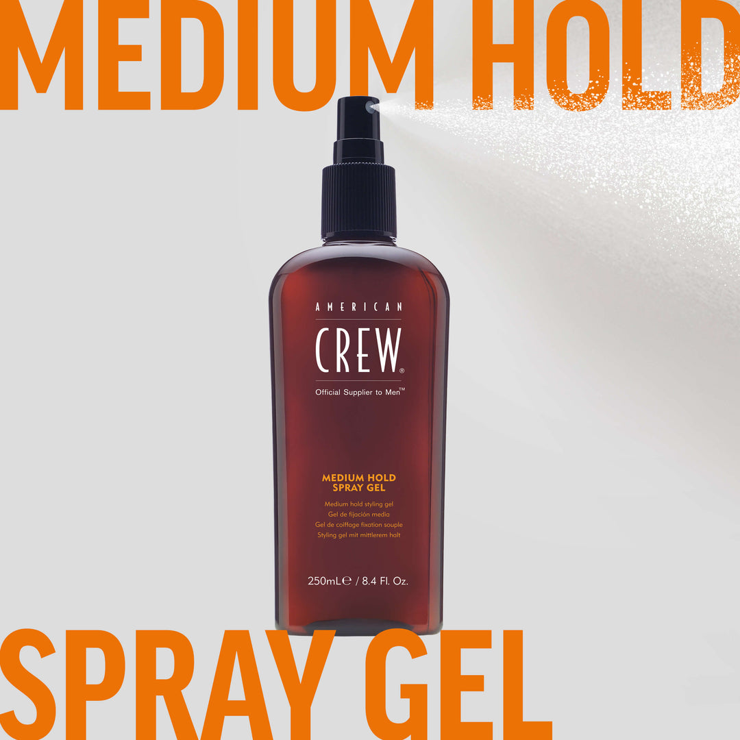 American Crew Medium Hold Spray Gel clear hairspray being dispensed in background. Text on graphic states "Medium Hold Spray Gel". 
