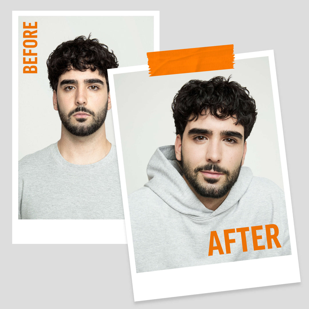 Before and after comparison of Diego Serrano Rosado with styled hair after using American Crew Medium Hold Spray Gel on a gray background