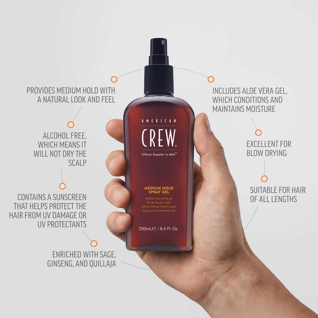 Male hand holding Medium Hold Spray Gel by American Crew. Benefits listed on graphic state "Enriched with sage, ginseng, and quillaja", "Contains a sunscreen that helps protect the hair from UV damage or UV protectants", "Alcohol free, which means it will not dry the scalp", "Provides medium hold with a natural look and feel",  "Includes aloe vera gel which conditions and maintains moisture", "Excellent for blow drying" and "Suitable for hair of all lengths".