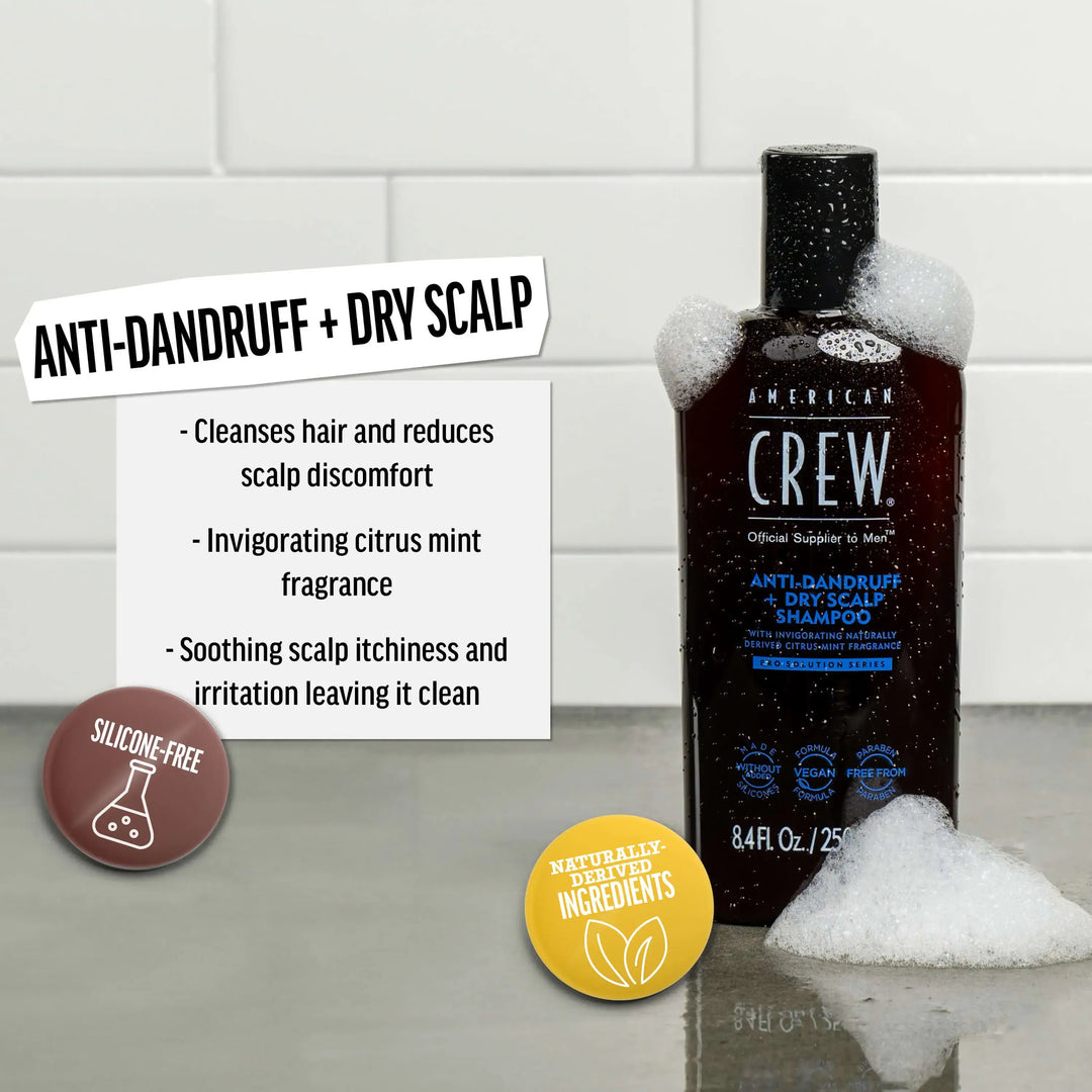 American Crew Anti-Dandruff + Dry Scalp Shampoo bottle on a bathroom shelf in front of a wall with a tiled background. Text callout says "Cleanses hair and reduces scalp discomfort. Invigorating citrus mint fragrance. Soothing scalp itchiness and irritation leaving it clean". 