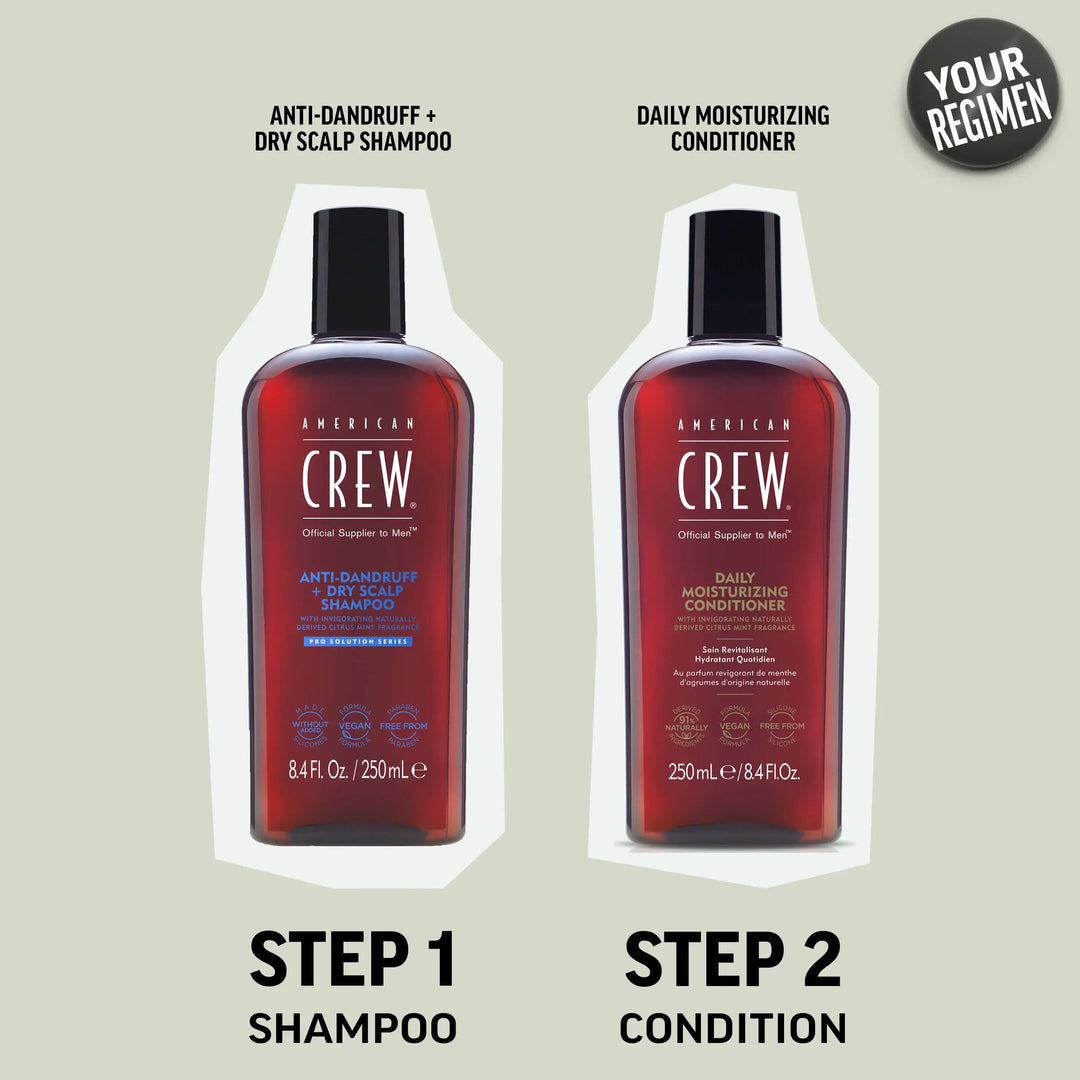 Cross-sell image of American Crew Anti-Dandruff + Dry Scalp Shampoo and American Crew Daily Moisturizing Conditioner. The first step in the regimen is to use the Anti-Dandruff Shampoo to shampoo, then condition your hair with Daily Moisturizing Conditioner as the final step. 