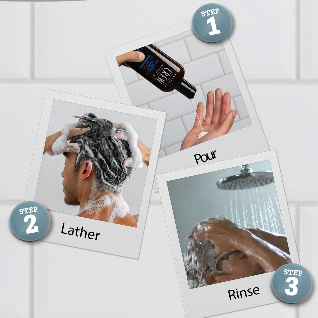 Step-by-step guide to using Anti-Dandruff & Dry Scalp Shampoo with images of a person washing their hair. The three steps are Pour, Lather, and Rinse.