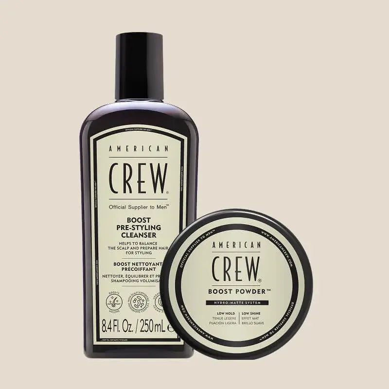 Boost Pre-Styling Shampoo with Boost Powder on Tan Background
