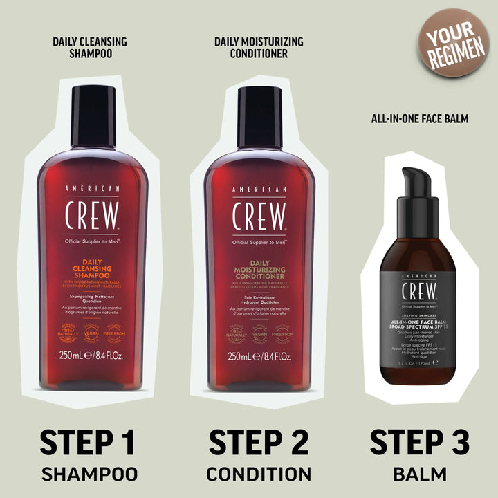Cross-sell image of American Crew 3-IN-1 Classic and American Crew Daily Cleansing Shampoo, American Crew Daily Moisturizing Conditioner, and American Crew All-in-One Face Balm SPF 15. The first step in the regimen is to use the Daily Cleansing Shampoo to shampoo, then the Daily Moisturizing Conditioner to condition, followed by the All-in-One Face Balm to balm.