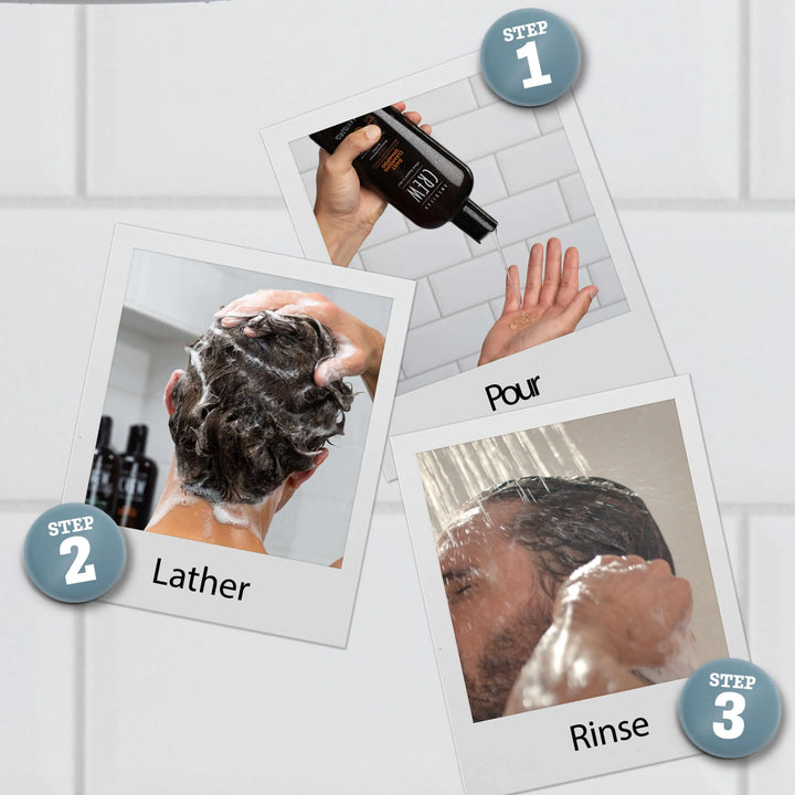 Step-by-step guide to using Daily Cleansing Shampoo with images of a person washing their hair. The three steps are Pour, Lather, and Rinse.